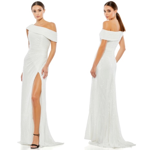 Mac Duggal One Shoulder Ruched Sequined Gown Maxi Dress 26550 White Size 8 NWT - Picture 1 of 11